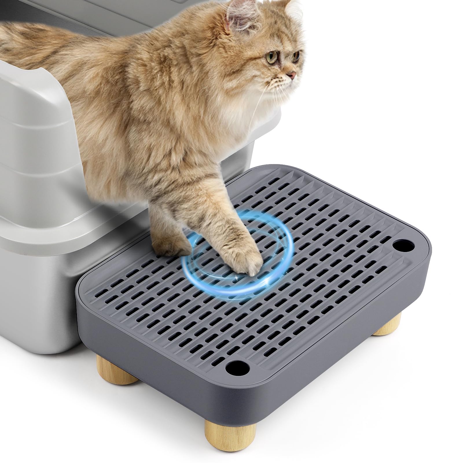 Erhöhte Katzenklo-Rampe, Katzentreppe mit Holzfüßen, Katzenstreu-Filterpedal für automatische selbstreinigende Roboter-Katzentoilette, ideal für Kätzchen und ältere Katzen(Dunkelgrau)