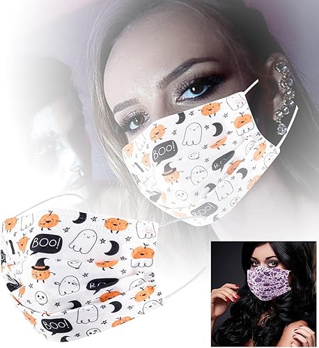 Miniatura 4 de 50 cubrebocas desechables de Halloween para adultos, uso diario, 3 capas, cubrebocas protectores con diseño de calabaza para regalo de fiesta