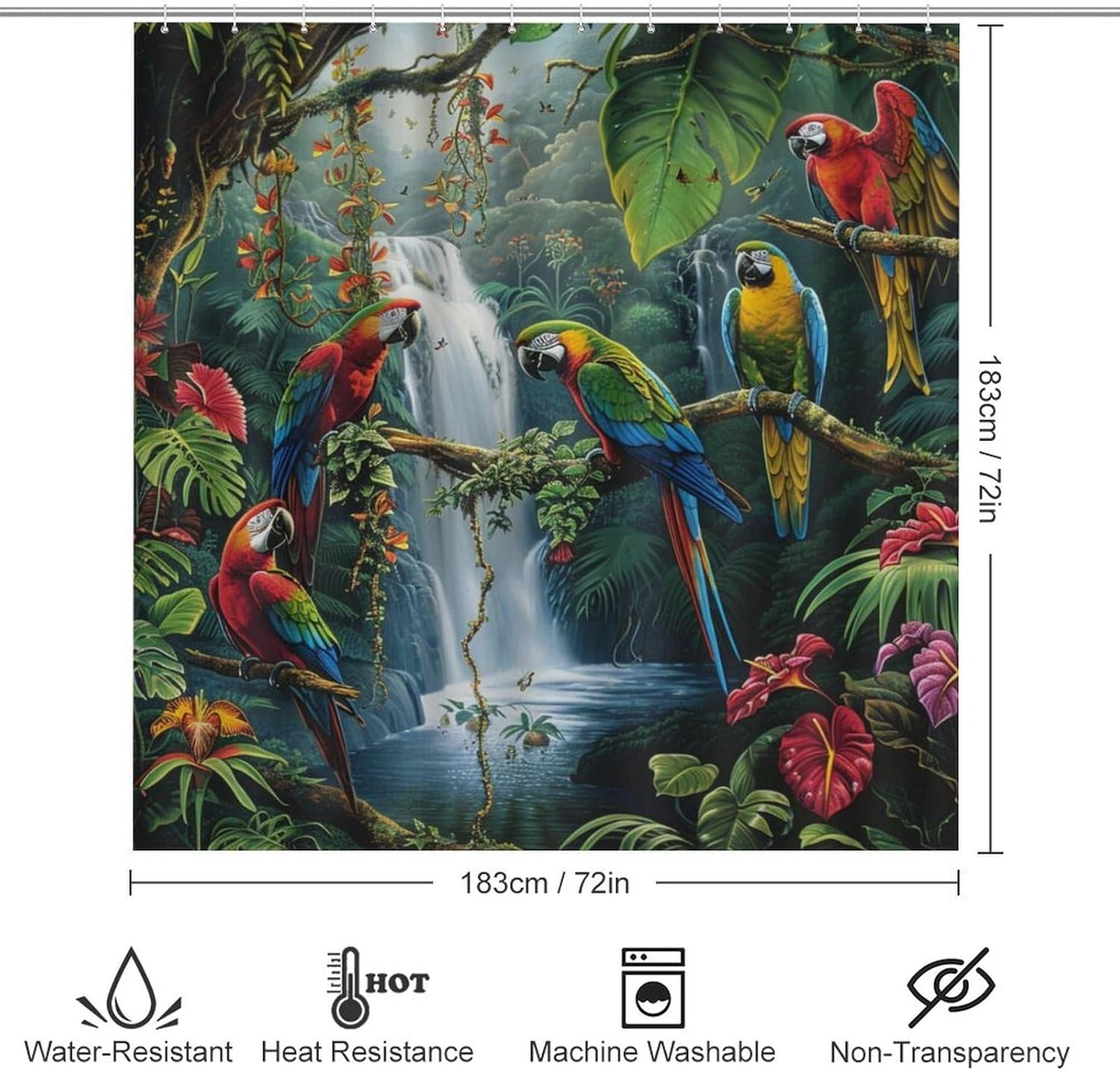 4Pcs Floral Forest Parrot Shower Curtain Set with Rugs, Toilet Lid Cover and Bath Mat, Bird Tropical Palm Tree Waterfall Bathroom Curtains Decor Shower Curtains, 72" x 72"