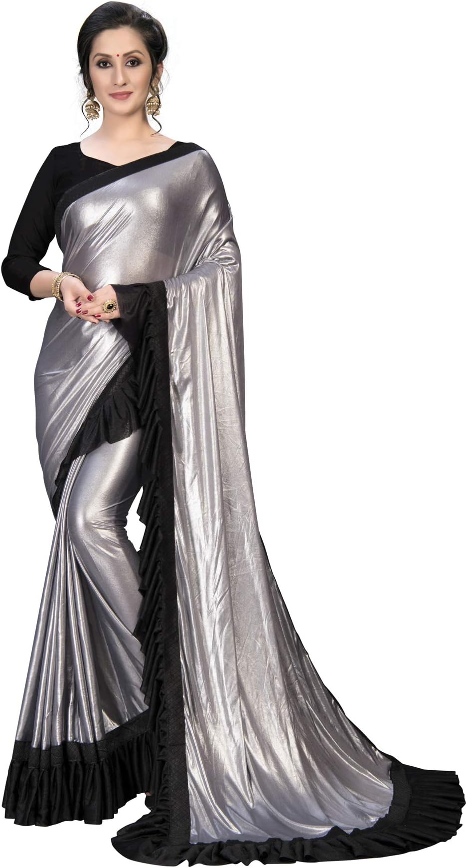 Pratham Blue Women's Imported Silk Fancy Frill Ruffle Saree (Silver Grey)