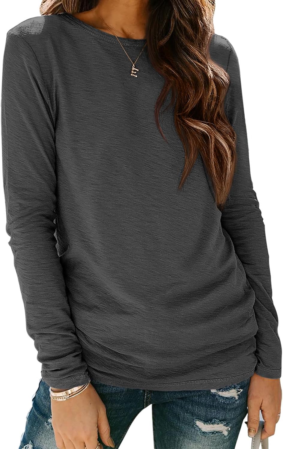 ATHMILE Womens Long Sleeve Shirts Basic Tee Fall Trendy Spring Top Business Casual Beach Vacation Workout 2025 Fashion 2XL Black Grey