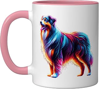 Paint Art Australian Shepherd Aussie Dog Ceramic Mug, Pink/White
