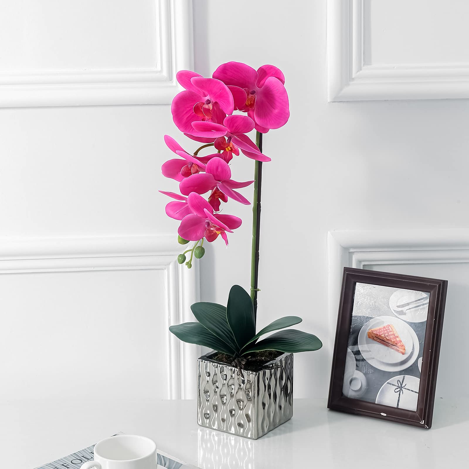 Artificial Orchid with Silver Vase, 20 Inch Purple Heart White Flowers, Indoor Home Decor