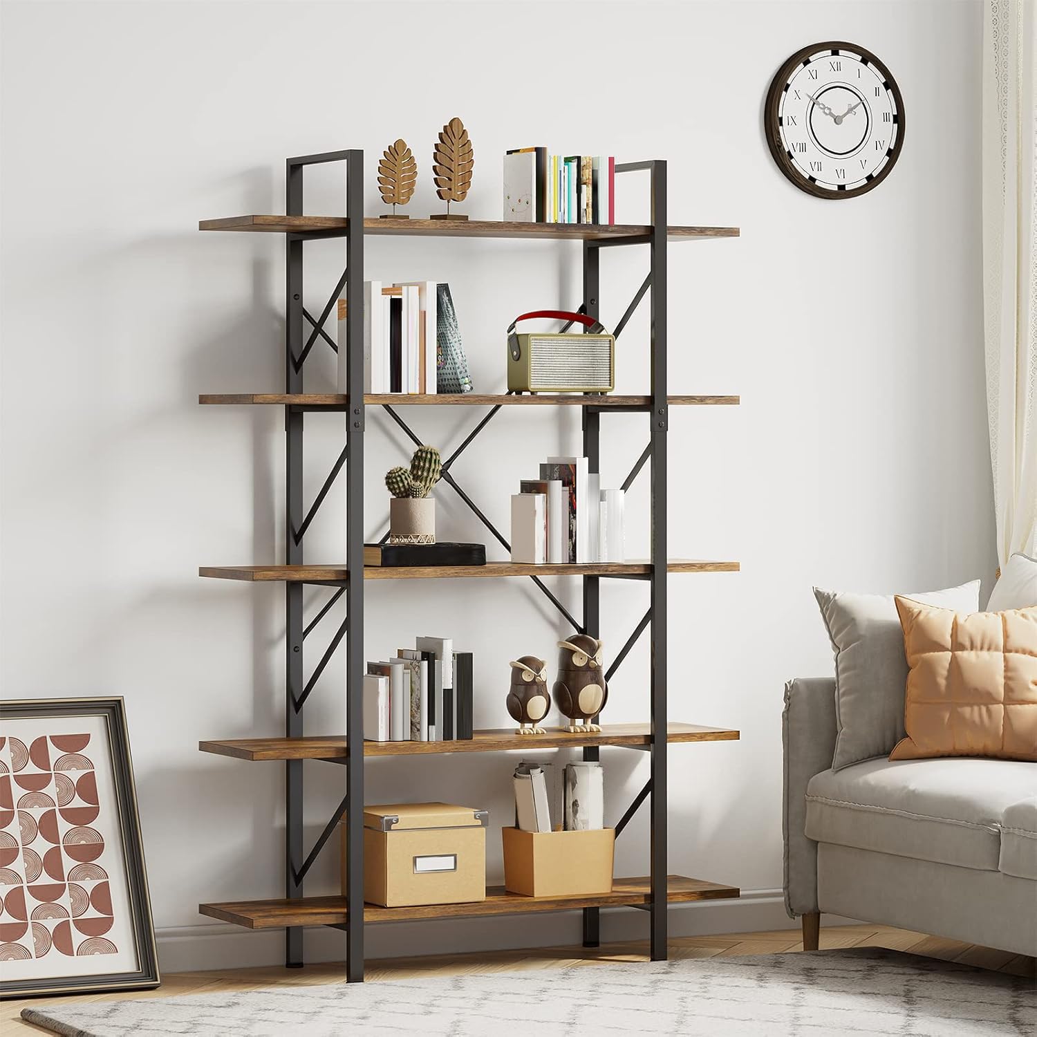 YITAHOME Libreria a 5 Livelli, Libreria Artistica Moderna, Scaffale per Libri, Scaffali in Soggiorno/Casa/Ufficio, Organizzatore Porta Libri per Libri/Film - Marrone Rustico