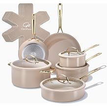 Chef Power 15 Pcs Ceramic Non Stick Cookware Sets, Pots and Pans Set with Stainless Steel Handle, Oven Safe, Taupe with Light Gold Handle