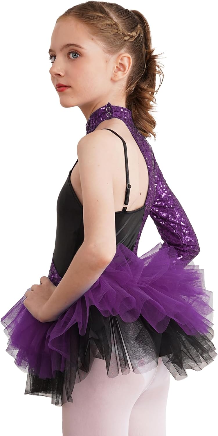 Shinsto Kids Girls Sequins Jazz Latin Dance Dress Single Long Sleeve Splice Mesh Dance Leotard Tutu Dress