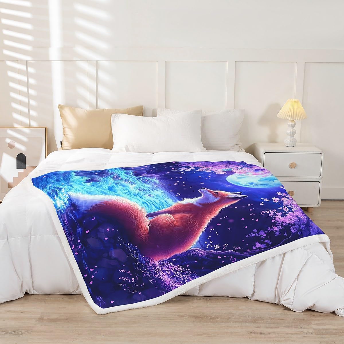 Erosebridal Fantasy Fox Fleece Blanket,Pink Cherry Blossom Floral Blanket Throw for Boys Girls Kids,Blue Ocean Waves Blankets and Throws 60"x80",Galaxy Moon Sherpa Fuzzy Throw for Bedroom