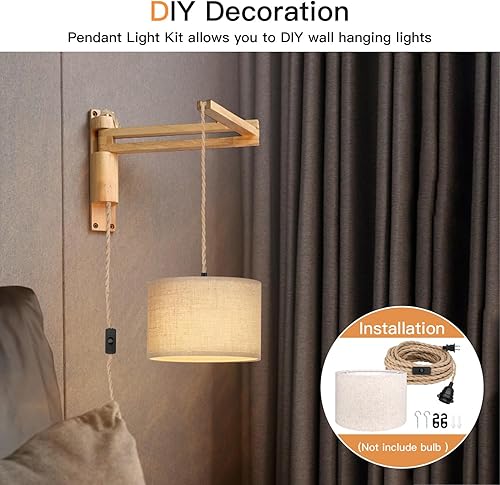 Miniatura 9 de Lámpara colgante enchufable de 16.5 pies, lámpara colgante con pantalla de enchufe, interruptor de cuerda de cáñamo, pantalla de tela de lino beige