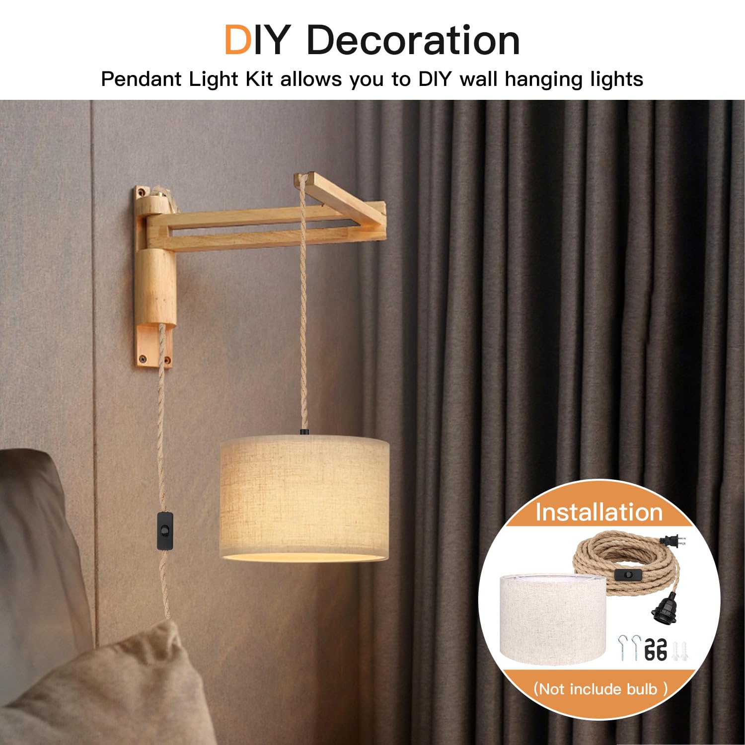 Lámpara colgante enchufable de 16.5 pies, lámpara colgante con pantalla de enchufe, interruptor de cuerda de cáñamo, pantalla de tela de lino beige para comedor, cocina, sala de estar 9