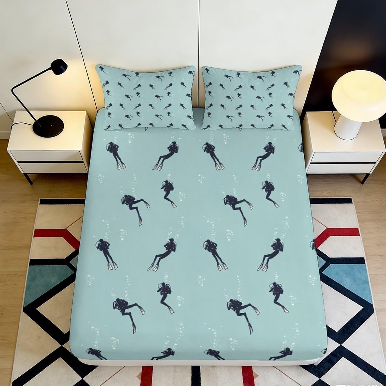 3D Printed Mermaid Silhouette Fitted Sheet Microfiber Soft Blue Ocean Mattress Cover Bedroom Decor 90x200x25cm
