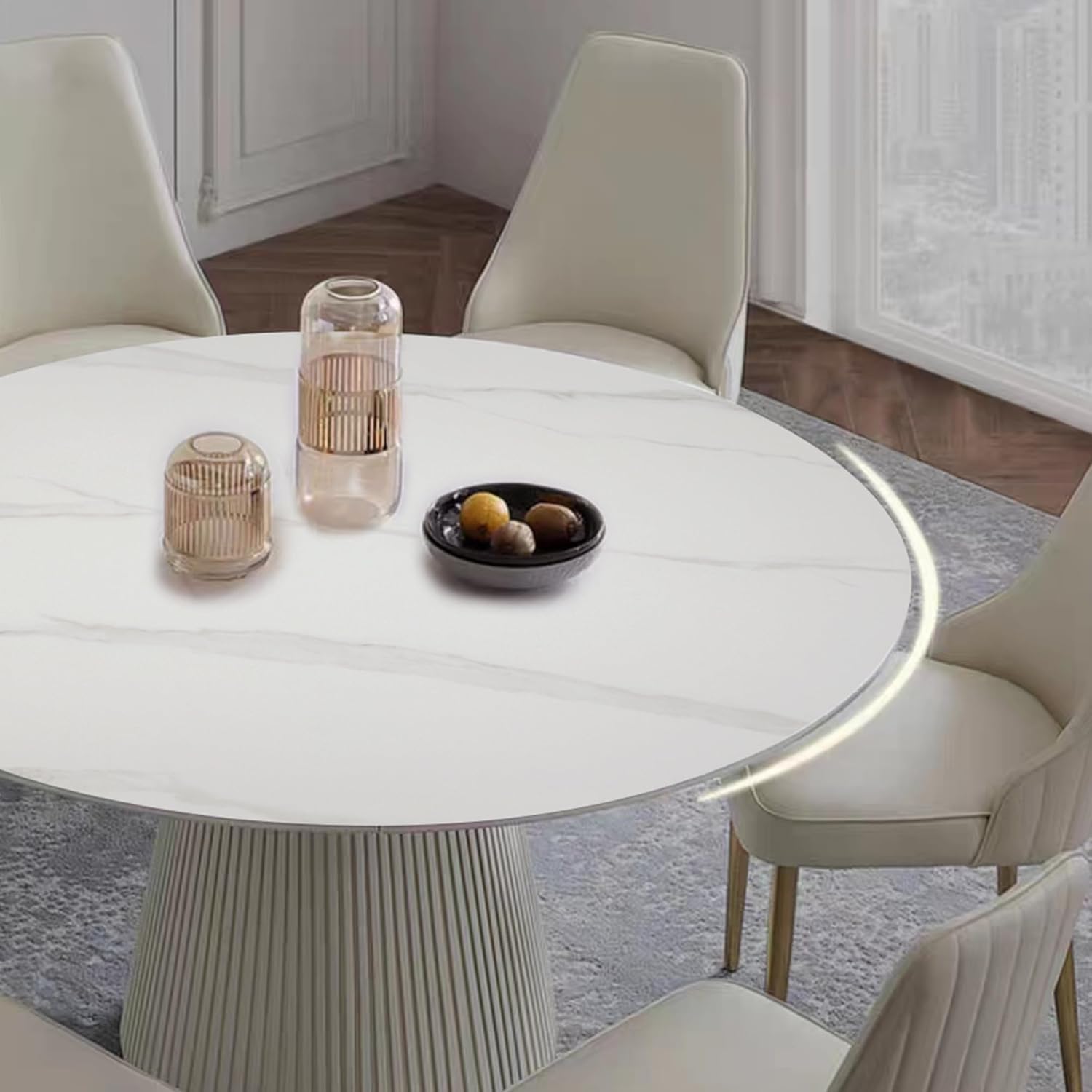 Leavader Modern Round Dining Table Set- 53" Engineered Stone Dining Table with Cylindrical Base, 7-Piece Marble Round Dining Room Set for Kitchen, Restaurant