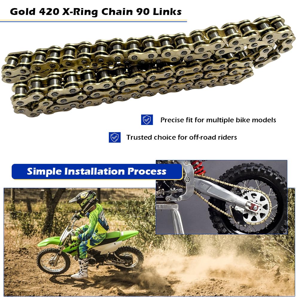 420 Chain 90 Links with Connecting Master Link, X-Ring Gold Compatible with KLX110 KLX110L 2010-2024 TTR110E 2008-2024 OEM# 92057-0183 9Y580-52089-00 94580-52090-00