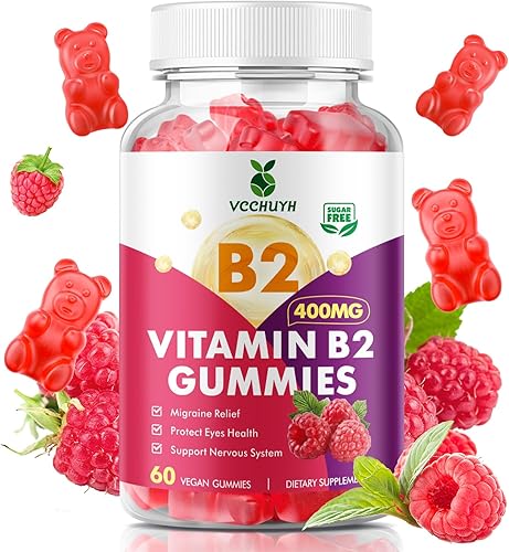 Gomitas de vitamina B2 para niños y adultos, VIT B2 Riboflavina 400 mg Suplemento con magnesio para aliviar la migraña y apoyar el sistema nervioso,