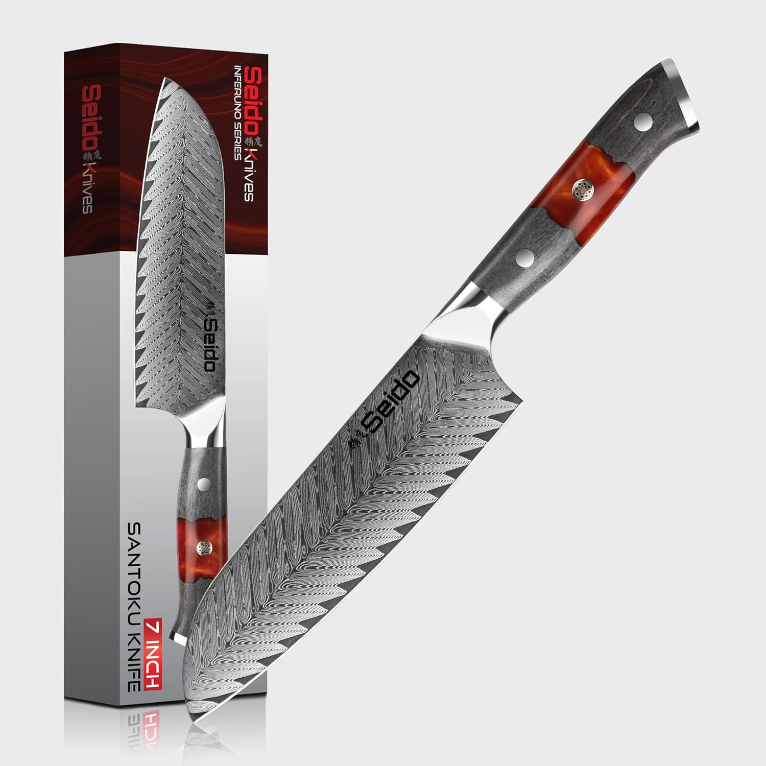 Seido Knives Inferuno 7 Inch Santoku Knife – Japanese Damascus Chef Knife with AUS-10 Steel Core Razor Sharp Edge & Ergonomic Handle
