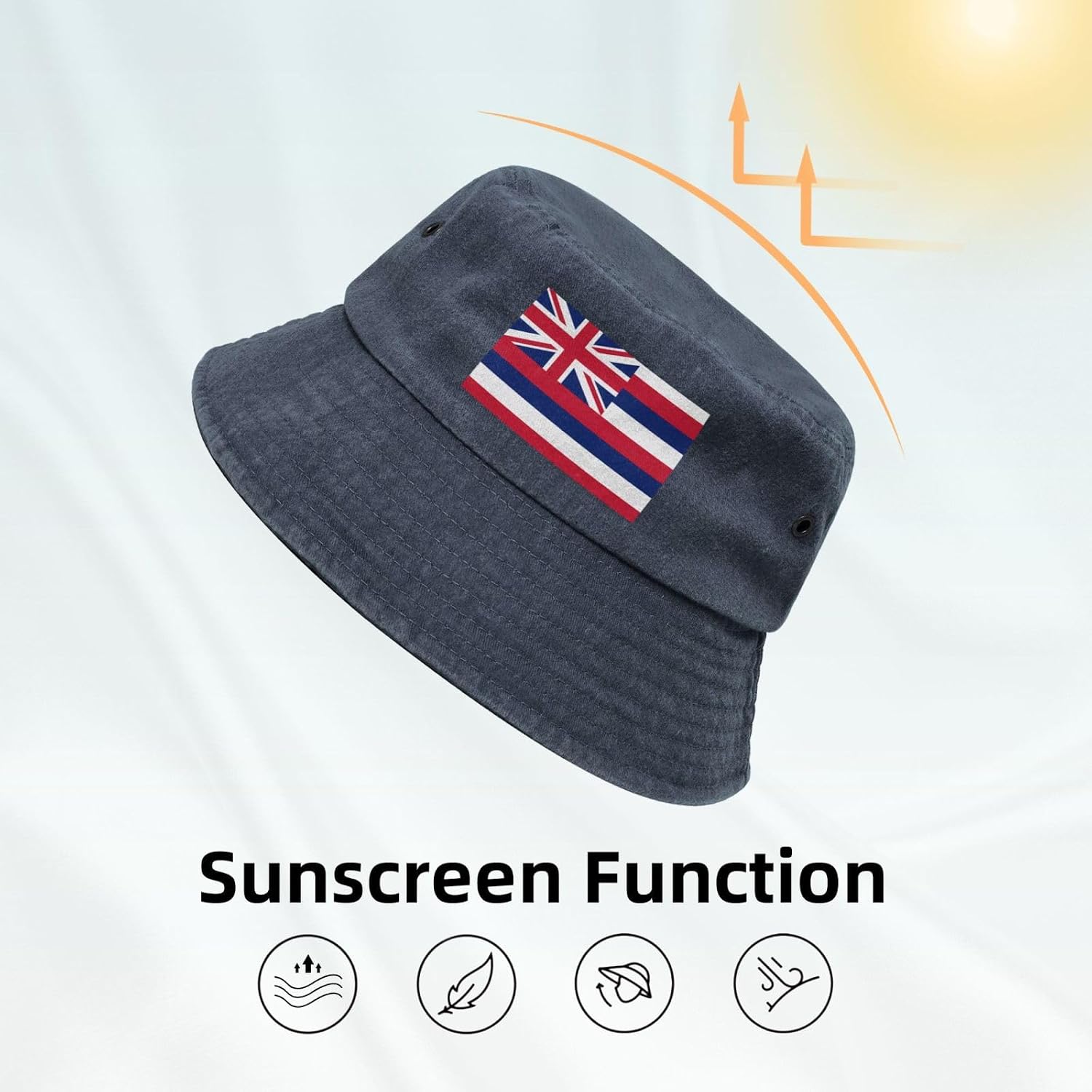 Hawaii Flag Printed Cowboy Fisherman hat, Suitable for Outdoor Fishing Beach Party Fisherman hat Hip-hop hat, Navy Blue