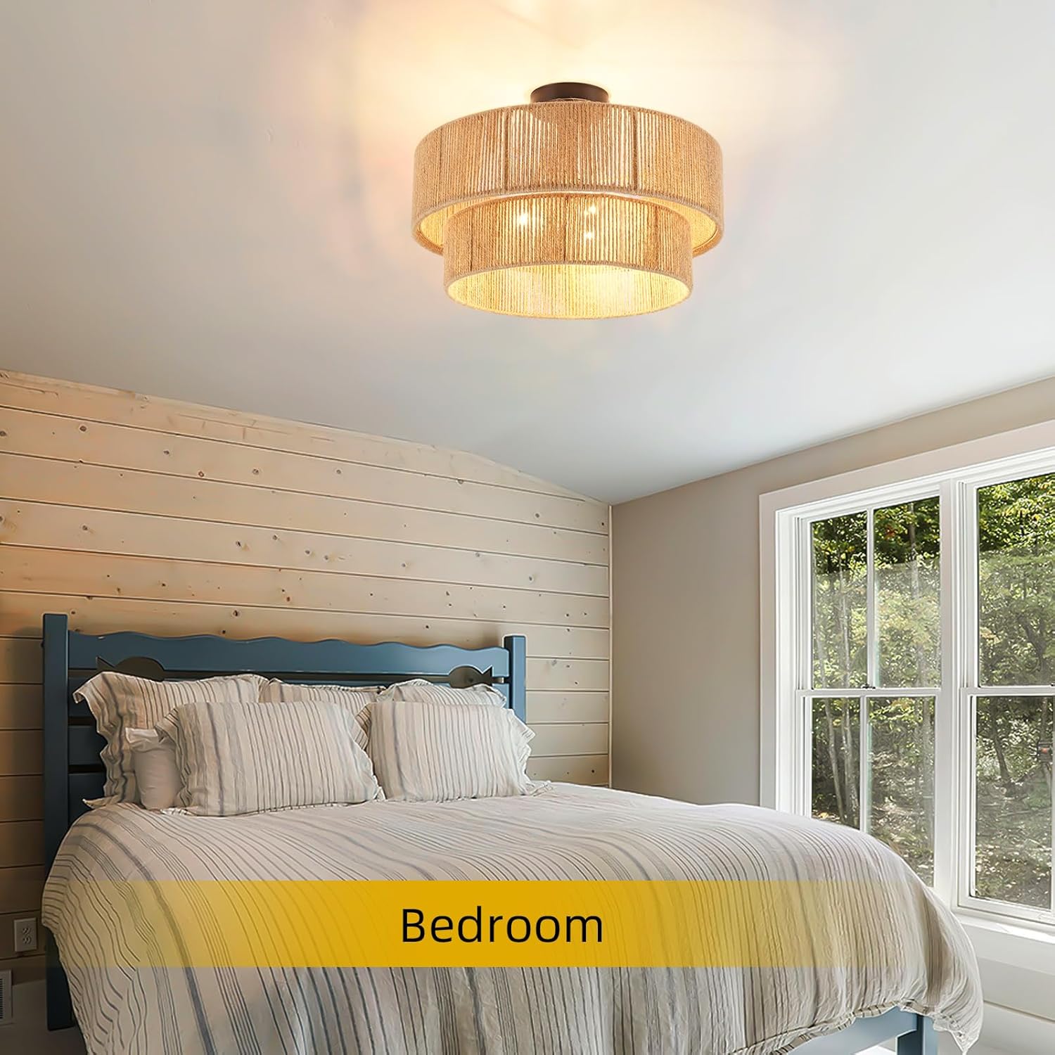 Boho Semi Flush Mount Ceiling Light Rattan Ceiling Light 18" Farmhouse Ceiling Lamp with Natural Hemp Rope Lampshade for Dining Room Living Room Bedroom Kitchen