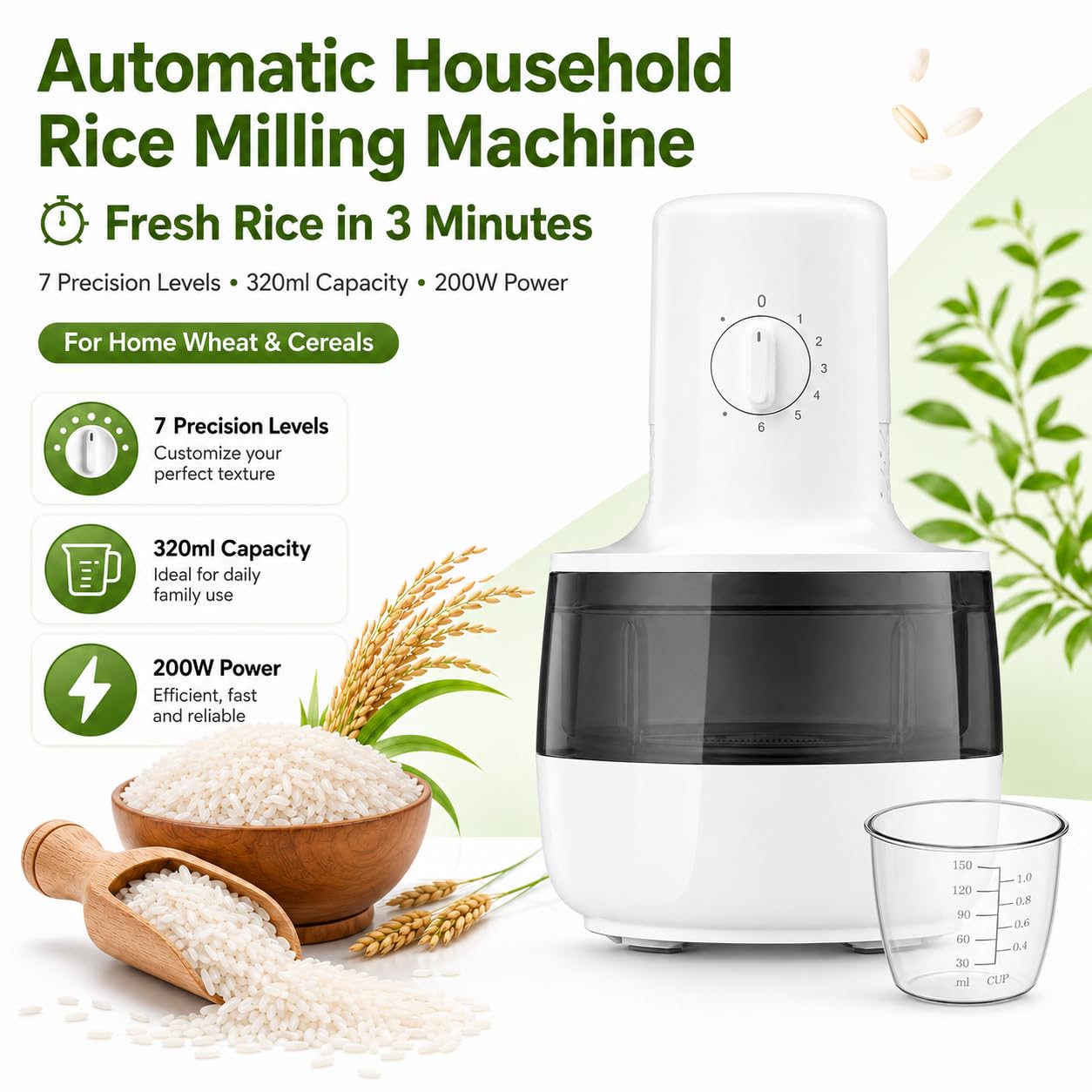 Macchina per fresatura e sbucciatura del riso con separatore automatico di crusca, 320 ml, precisione a 7 marce per grano, cereali e cereali, uso domestico efficiente
