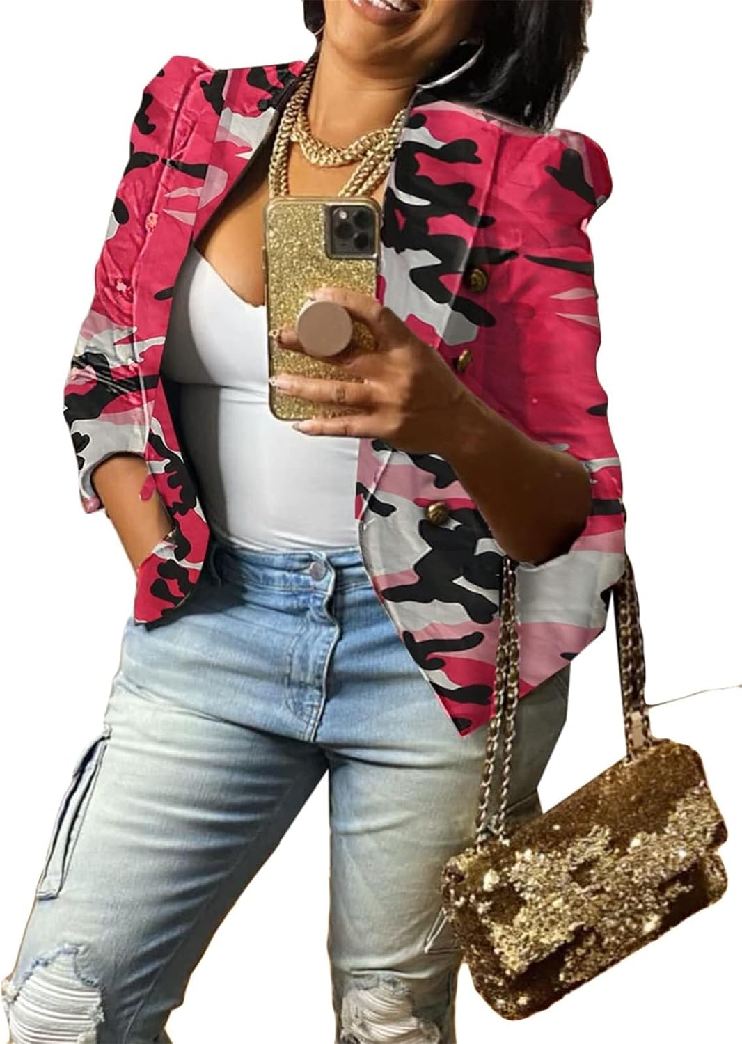 Women's Camouflage Print Double-Breasted Blazer Jacket, Long Sleeve Outwear Coat, Puff Shoulder, Grey Green Pink