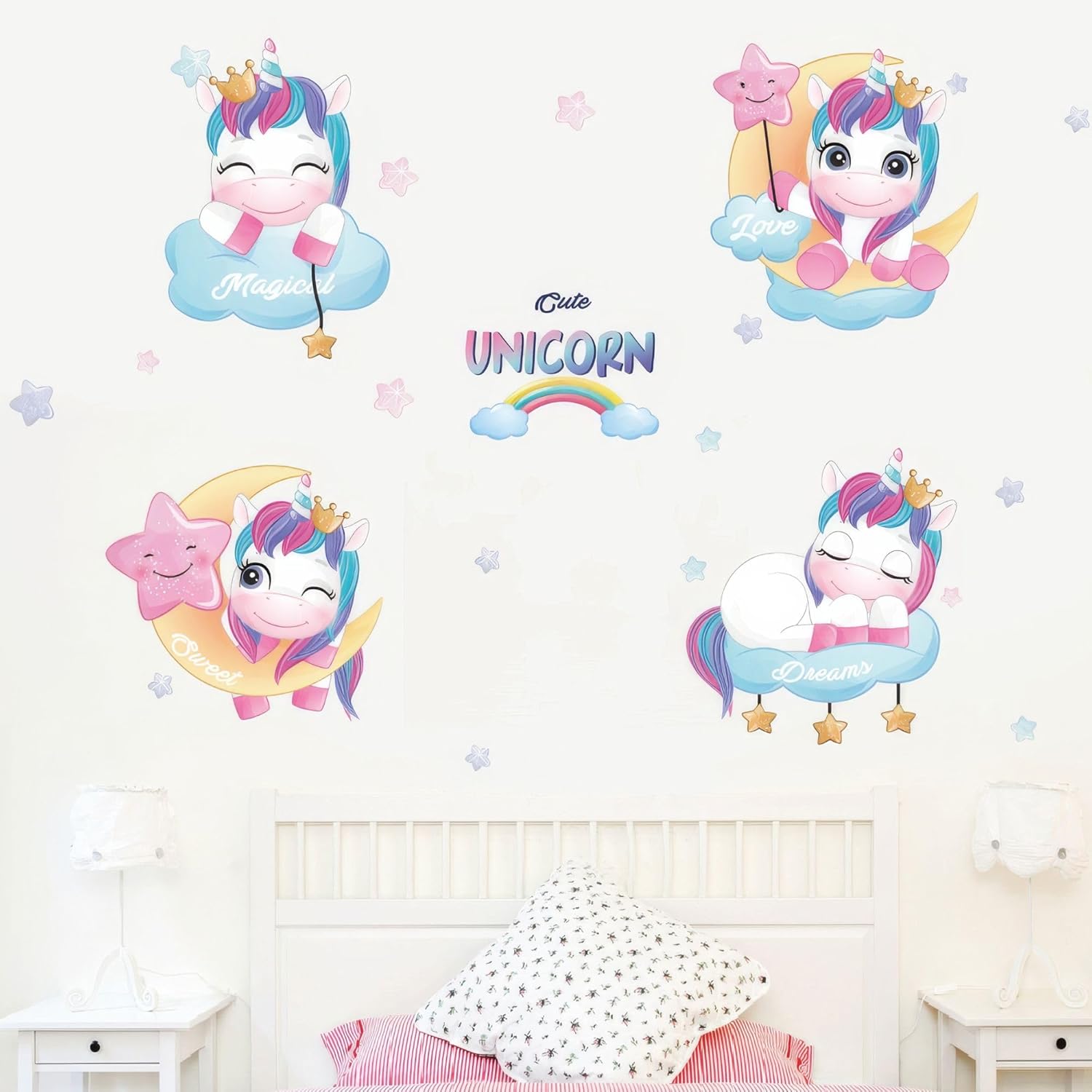 Unicorn Wall Decals - Colorful Peel and Stick Cute Unicorns Wall Stickers for Girls Room & Boys Room - Decor for Baby Nursery, Toddler & Kids Bedroom Walls