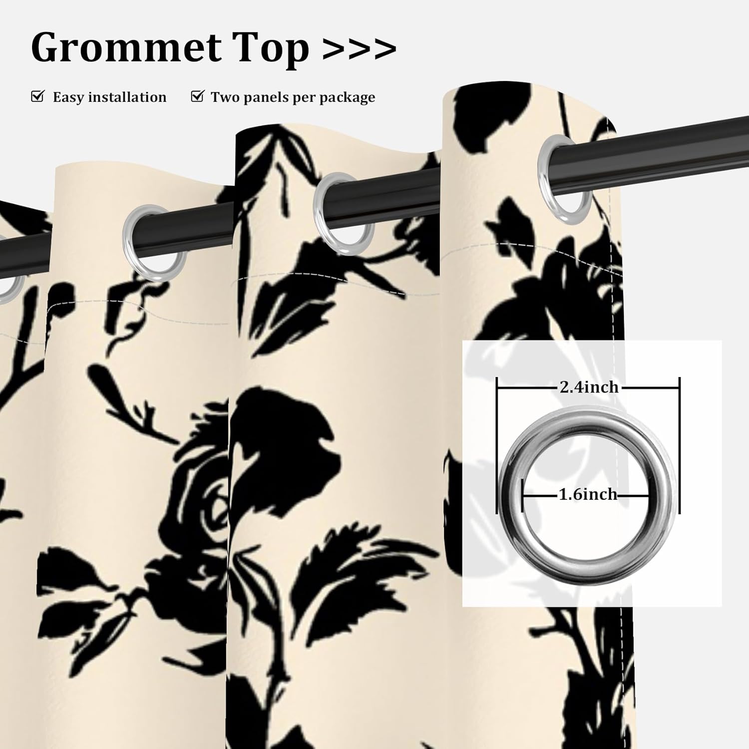 AWERT Black Floral Printed Curtains 63 Inches Long 2 Panels Vintage Black Rose Leaves Flower Romantic Blackout Window Drapes Treatments for Bedroom Living Room Decoration Each Size 26x63 Inches