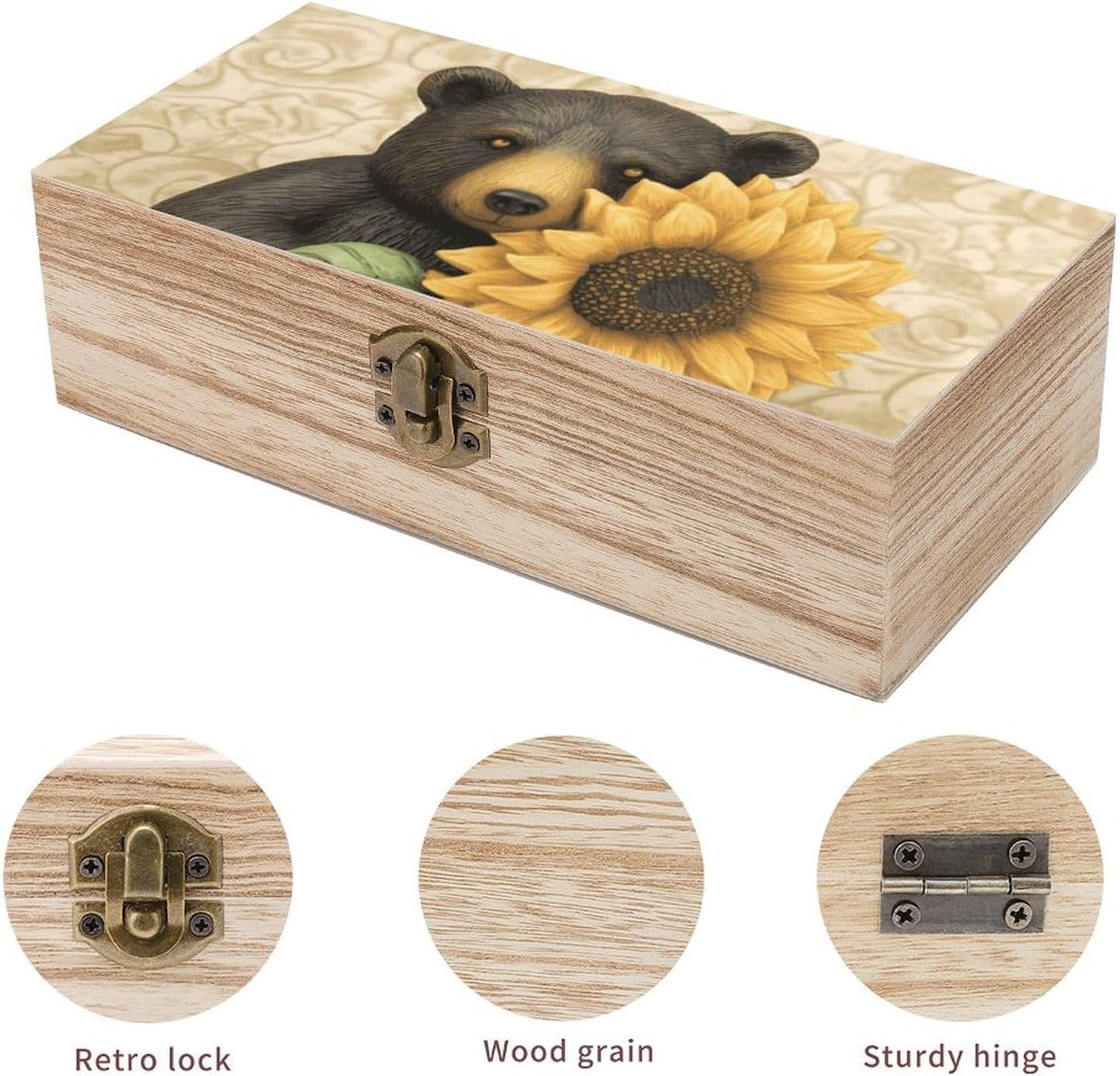 Sunflower And Bear Memory Jewelry Wooden Box, Large Wooden Treasure Chest Boxes with Hinged Lid, Photos Storage Case for Women Men, Wooden Keepsake Box, 7.9'' X 3.9'' X2.3''