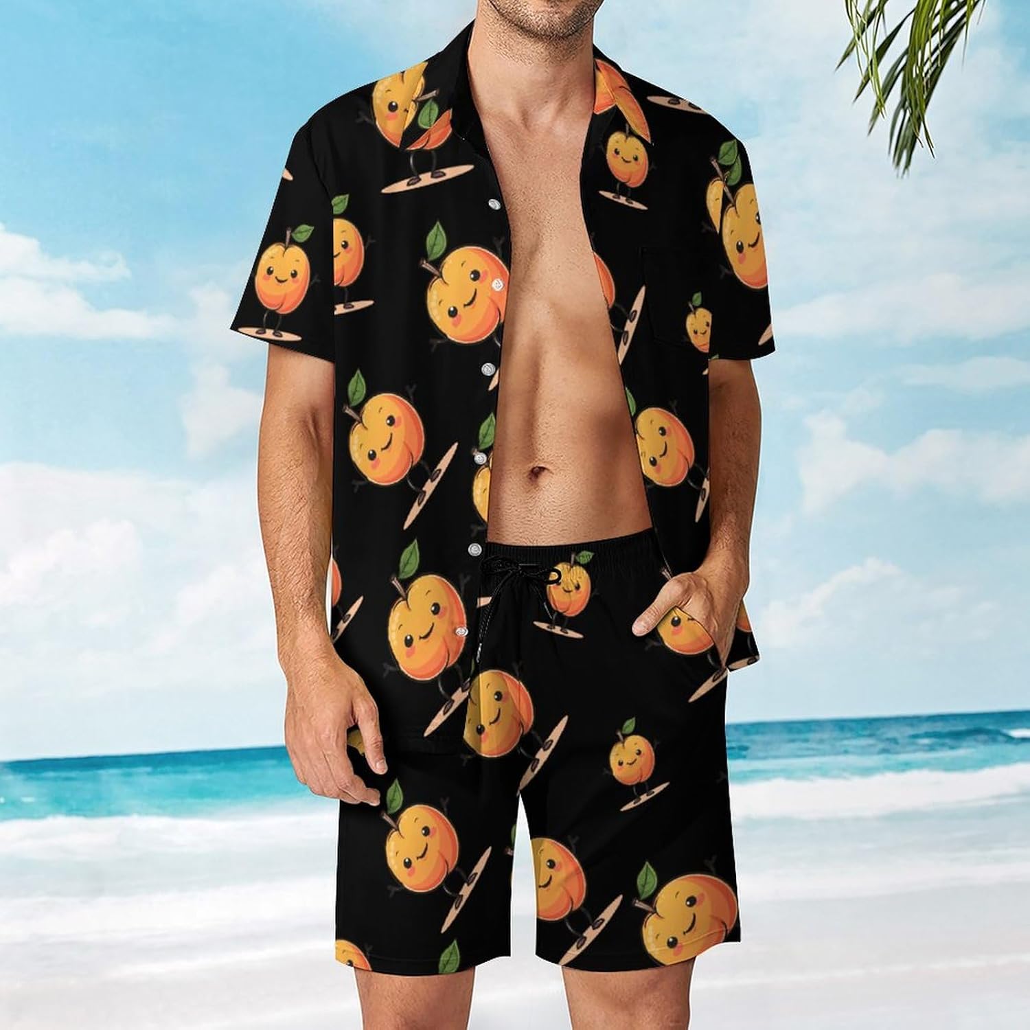 Cute Peach Men's Summer Beach Outfits Shirt And Shorts Set 2 Piece Vacation Swimwear