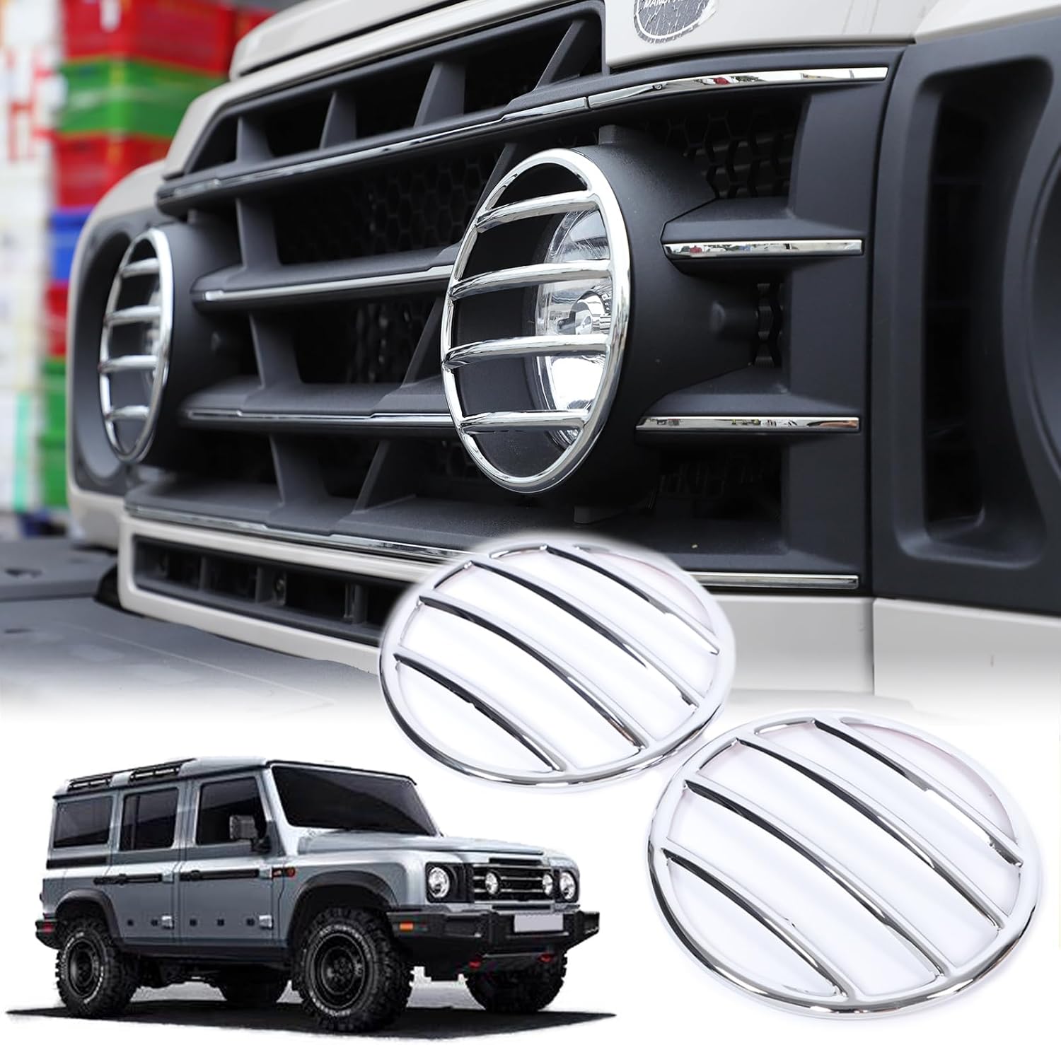 Car Front Fog Lamps Cover Fog Light Guards Cover Compatible with Ineos Grenadier 2022 2023 2024+ Lamp Exterior Frame Protection Kit Car Lights Protection Accessories 2PCS (Silver)