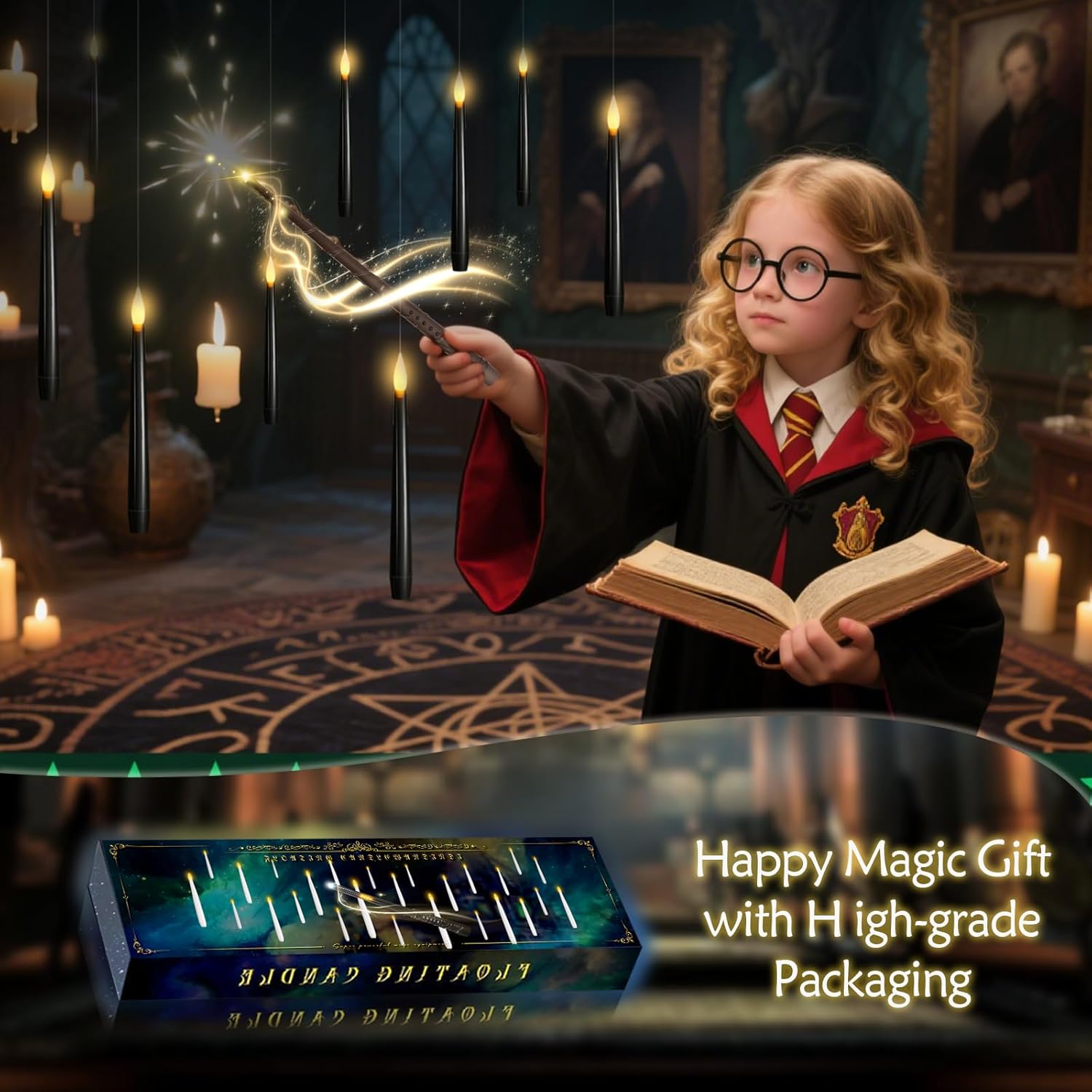 kakoya Flameless Floating Candles with Wand，20 Pcs Magic LED Hanging Taper Candles，Flickering Battery Operated Taper Candle with Wand Remote for Halloween Decorations Best Gift(Black)