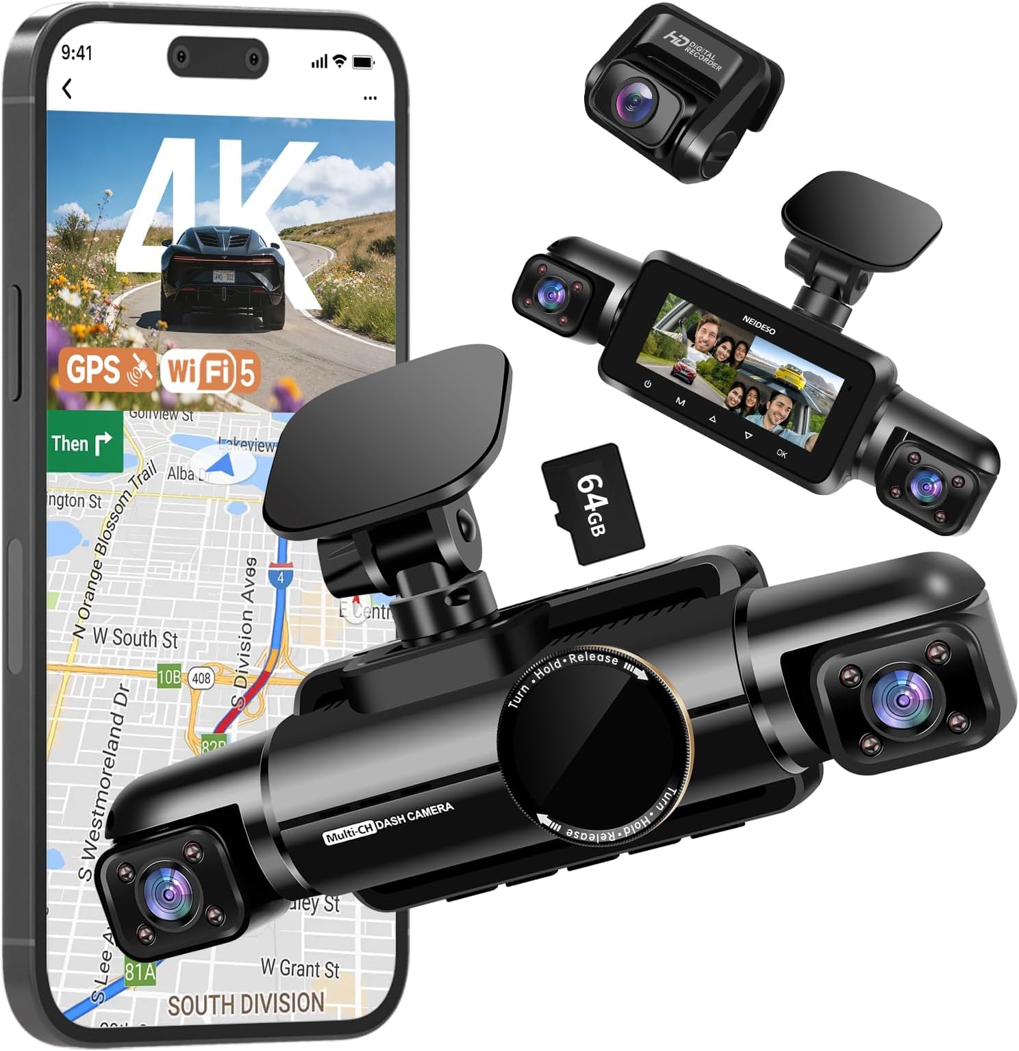 Neideso 4 Channel Dash Cam Front and Rear, 3K+3*1080P Dash Camera for Cars, Free 64GB Card, 360° Car Video Recorder, 5GHz WiFi GPS, Voice Control, CPL Filter, WDR Night Vision, 24H Parking Mode(N700)