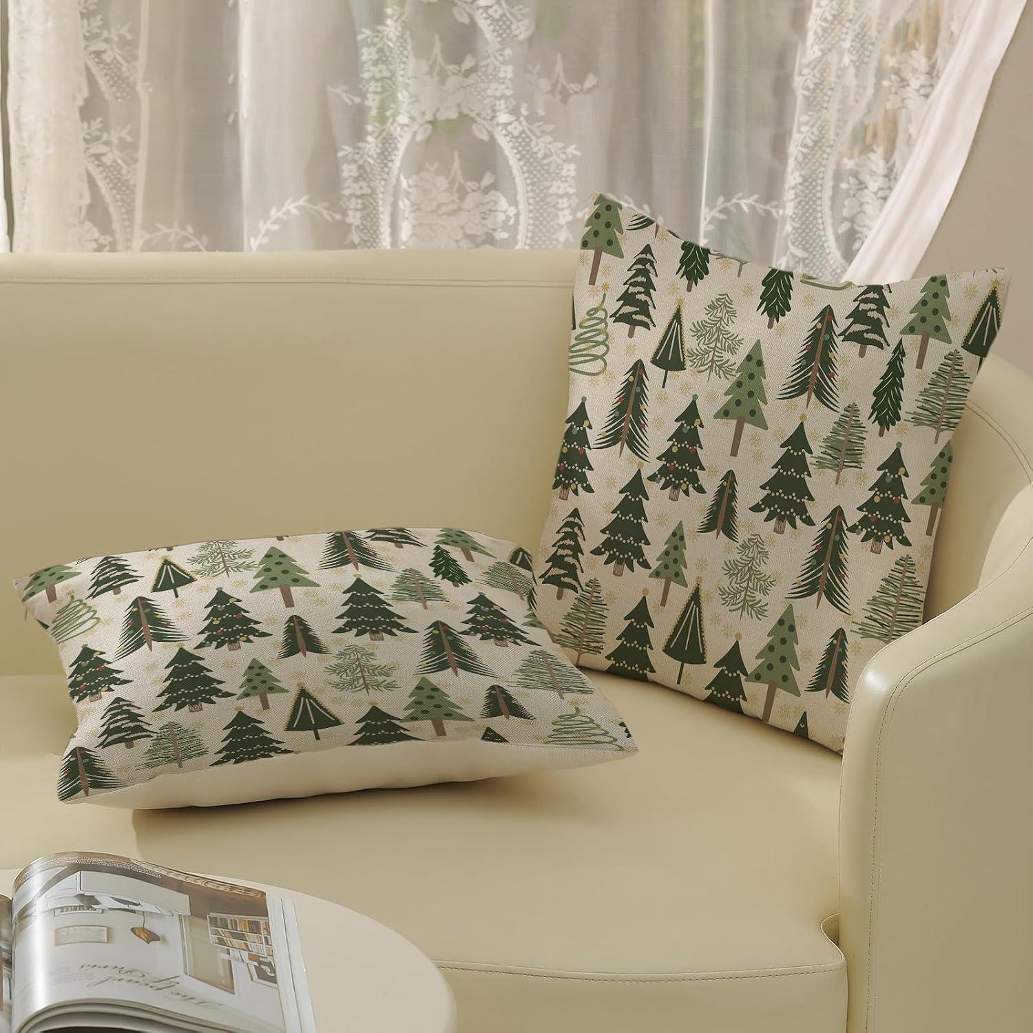 Christmas Pillow Covers 18x18 Inch 2 Pcs Sage Green Christmas Trees Decor Throw Pillows Snowflake Winter Xmas Holiday Outdoor Farmhouse Decoration Pillowcase Linen Cushion Cover for Couch Sofa image 4