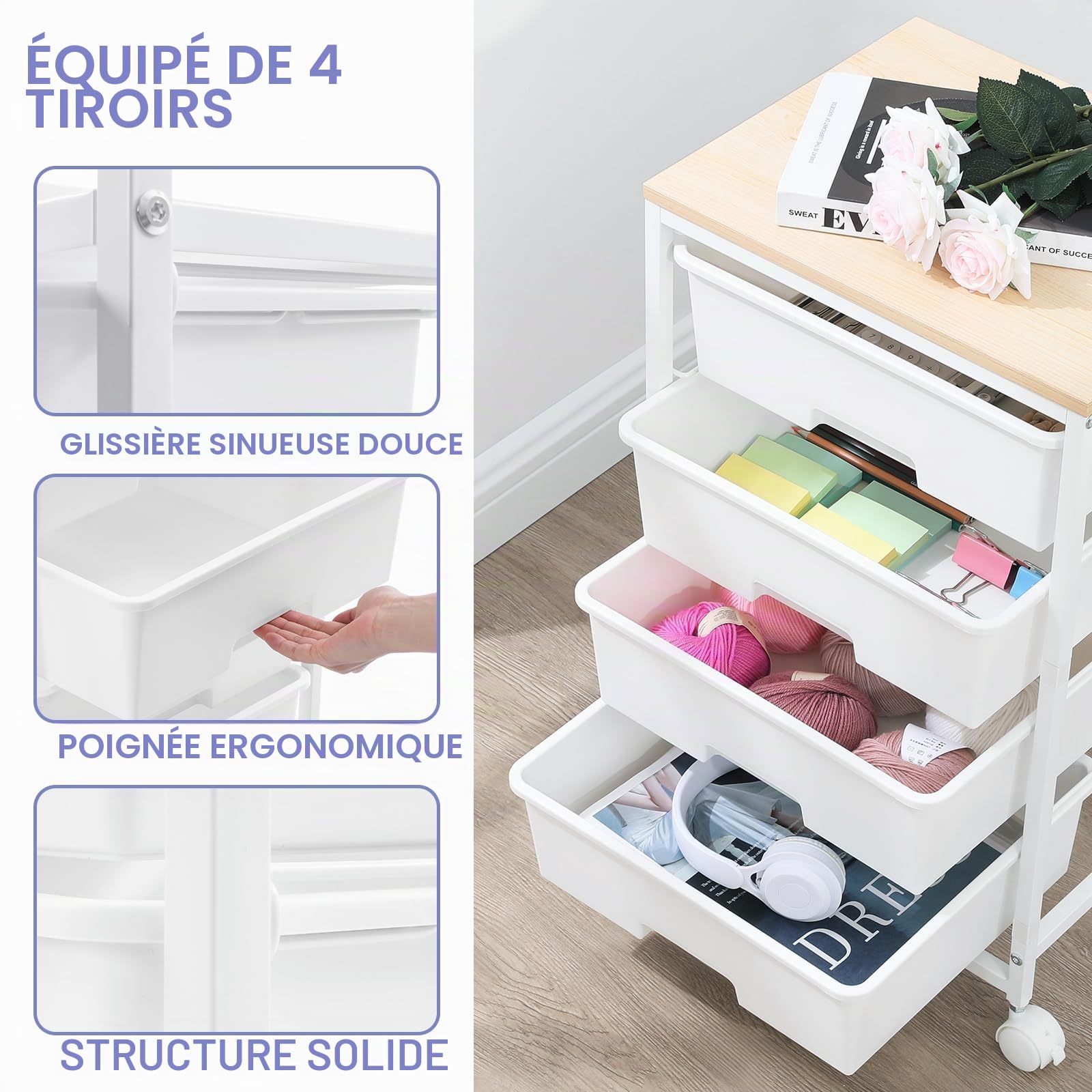 SYKIARIOL Chariot de rangement à 4 tiroirs sur roulettes avec plateau de table en bois, pour cuisine, salon, chambre à coucher, mouvement facile, grande capacité, 4 tiroirs, blanc