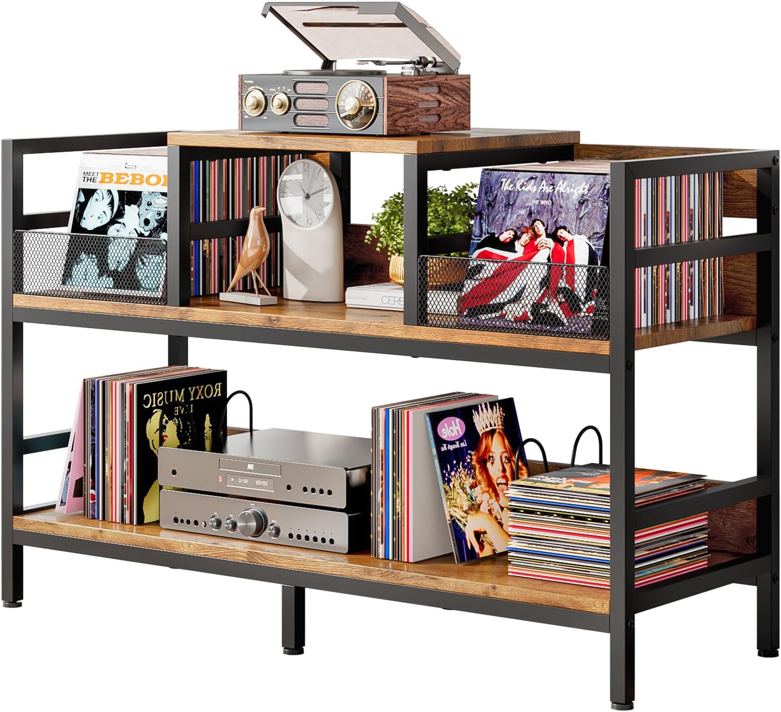 – Record Player Stand, Vinyl Record Player Storage Cabinet Up to 350 Albums, Turntable Stand Record Player Table with 4 Dividers, Record Holder for Living Room Bedroom (Vintage Brown)