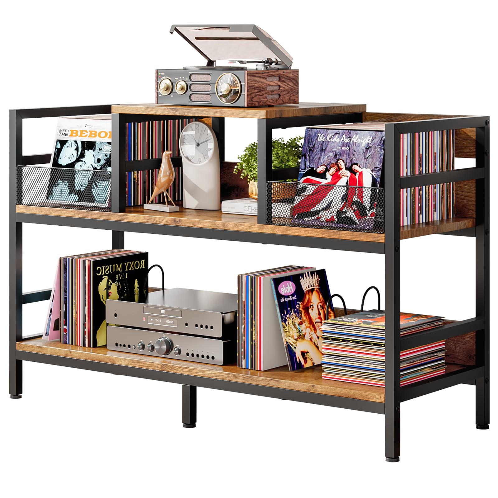 Forthcan Record Player Stand, Vinyl Record Player Storage Cabinet Up to 350 Albums, Turntable Stand Record Player Table with 4 Dividers, Record Holder for Living Room Bedroom (Vintage Brown)