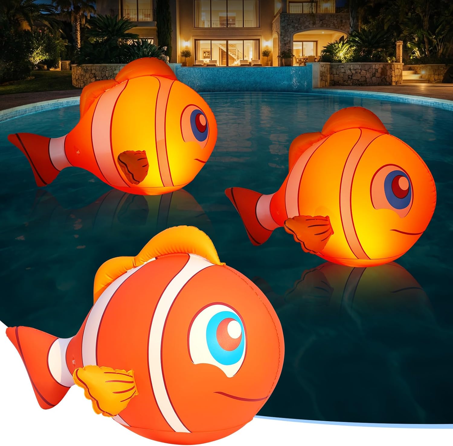 Floating Pool Lights Solar Powered, 16'' Inflatable Waterproof Clownfish Solar Pool Lights that Float, Auto On/Off LED Floating Lights for Pool Garden Backyard Outdoor Decoration - (2 Piece)