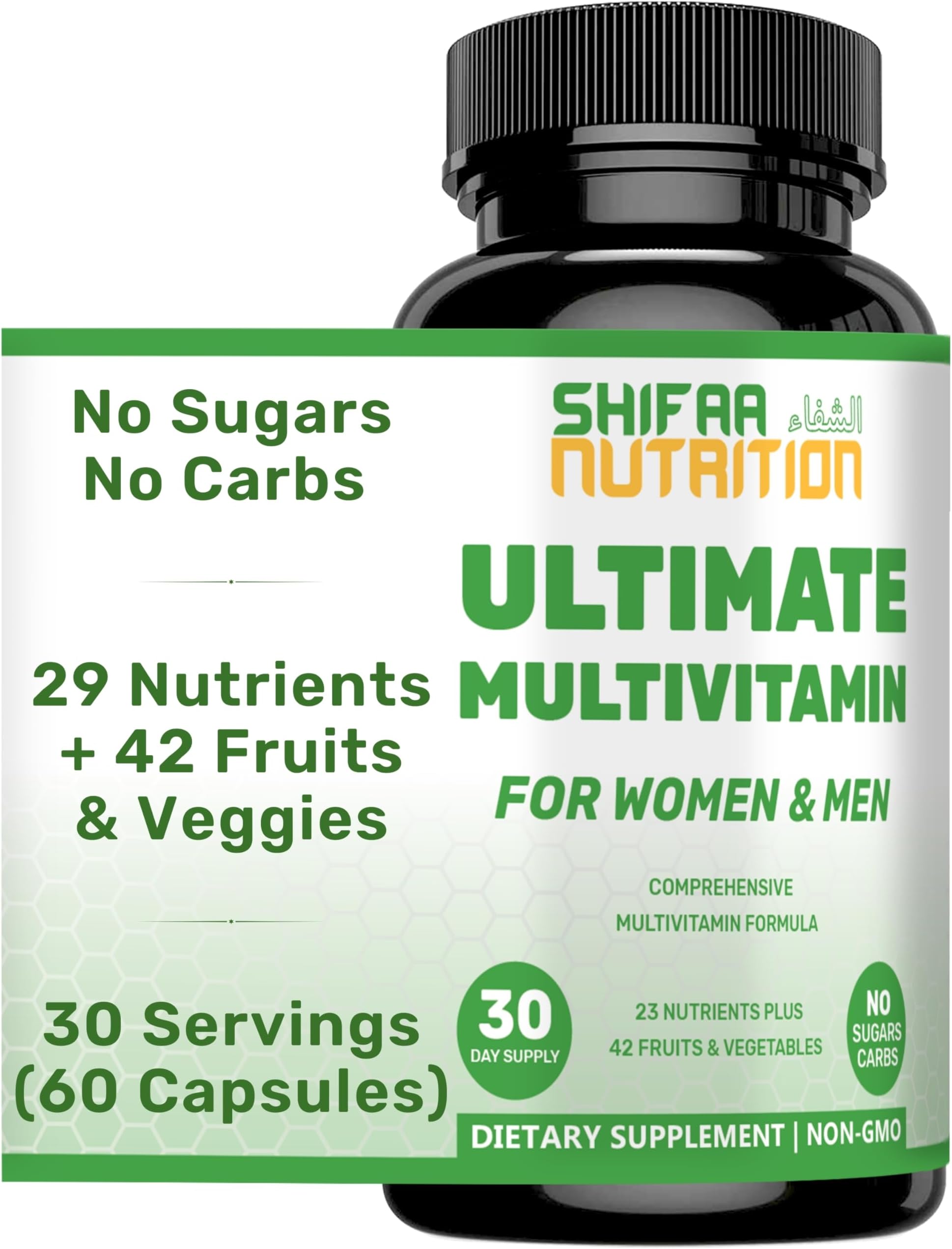 SHIFAA NUTRITION Halal Multivitamins for Women, Men & Adults, 30 Servings | Iron, Vitamin A, B6, B12, Biotin, Niacin, C, D3, E, Zinc, Calcium, Folic Acid, CoQ10 | Halal Vitamins