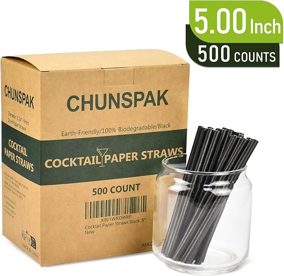 Disposable Black Paper Straws Sip Straws 7.75 Inch (250 ct.) and 5 Inch (500 ct.)