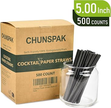 Disposable Black Paper Straws Sip Straws 7.75 Inch (250 ct.) and 5 Inch (500 ct.)