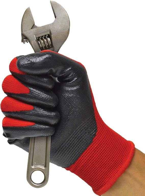 Grease Monkey General Purpose Nitrile Coated Work Gloves, Size Large, 12 Pack,Red | Single use polyester knit shell with nitrile-coated palm and fingers for grip during automotive, yard work, or shop tasks
