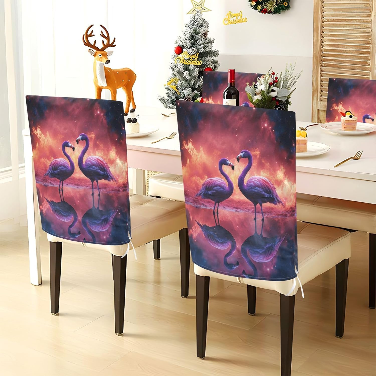 ALAZA Vintage Flamingos Chair Back Cover Set of 6, Washable Reusable Removable Chair Slipcovers Decorative Chair Cover for Home Kitchen Wedding Party