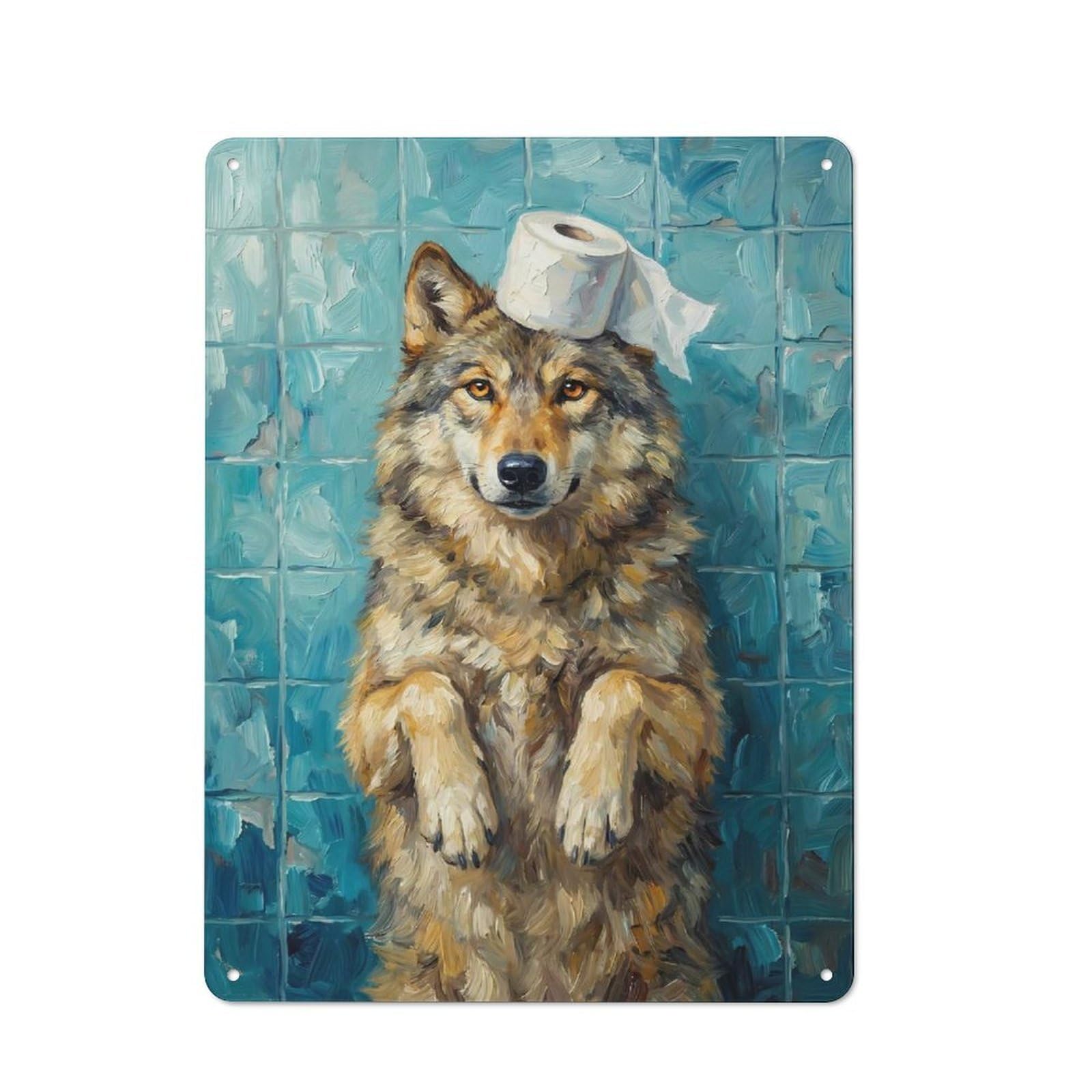 Junmoney Style-10 Garage Style Wolf With Toilet Paper Decorative Metal Plaque 40X30cm, Garage Wall Decor For Workshop, Basement, Shed Or Games Room