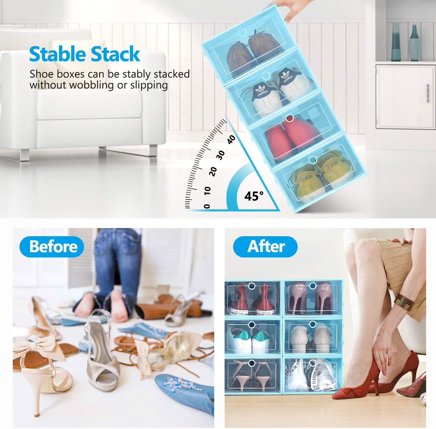 KPX 12 Pack Stackable Shoe Storage Organizer Plastic with Lid, Clear Shoe Boxes Drop Front, Shoe Containers Bins for Men’s Sneaker Women’s High Heels – Easy to Assemble (Blue)