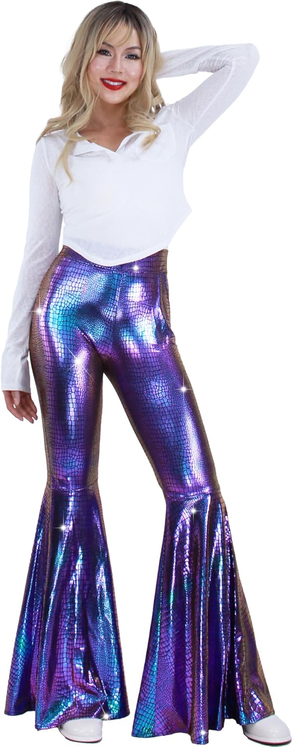 Nawgut Womens Sequin Flare Pant Sparkly High Waisted Leg Bell Bottom Glitter Trousers Night Out Clubwear - Image 2