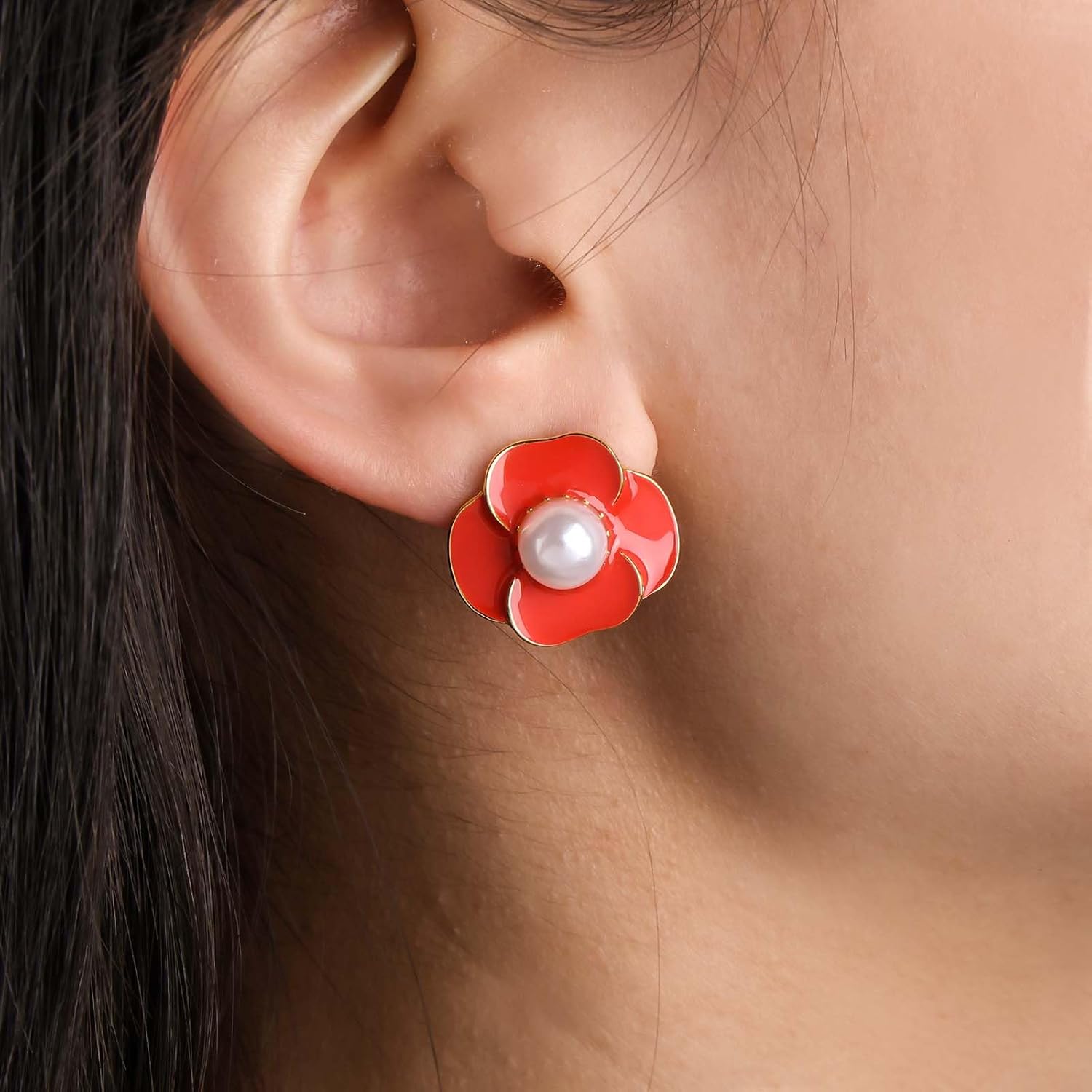 Andelaisi Boho Yellow Flower Earrings Vintage Pearl Camellia Earrings Yellow Bloom Flower Earring Camellia Lily Petal Stud Earring Jewelry for Women - Image 2