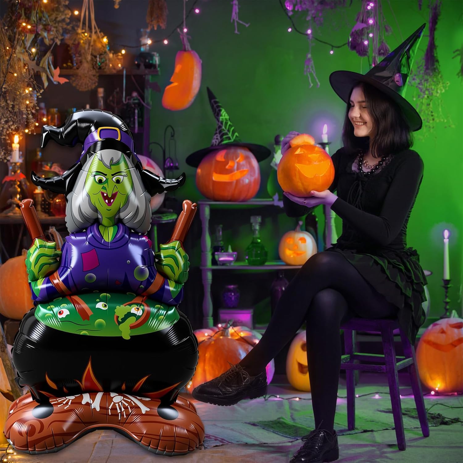 2 Pcs Halloween Pumpkin Witches Balloons Foil Large 45 Inch Inflatable Standing Balloons for Halloween Day of the Dead Themed Party Supplies Birthday Party Decorations - Image 7