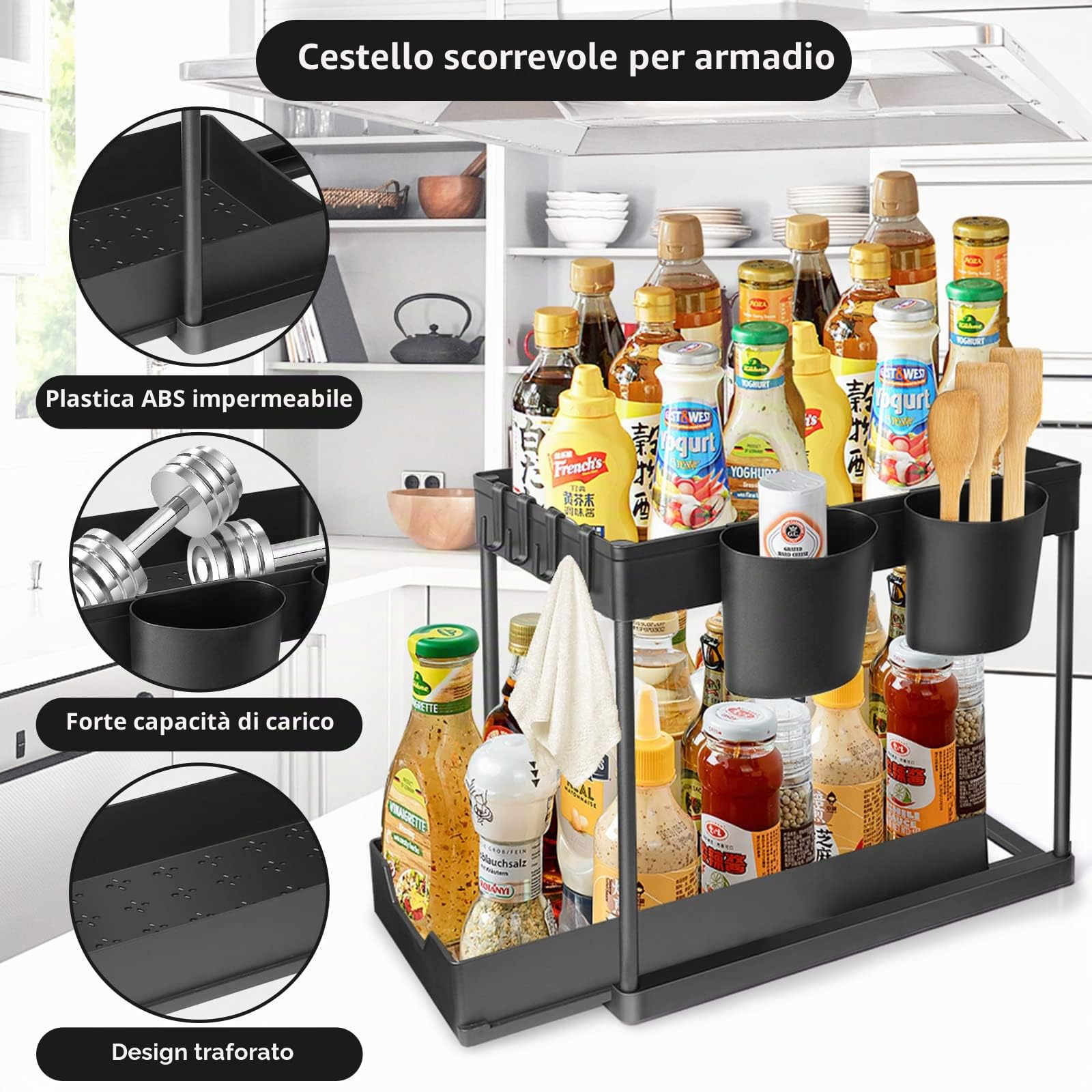 Organizzatore Sotto il Lavandino 2 Livelli, Scorrevole Scaffale Sottolavello Portaoggetti con 4 Ganci e 2 Bacinelle Sospese, Estraibile Cassetti Organizer per Cucina Bagno, Nero