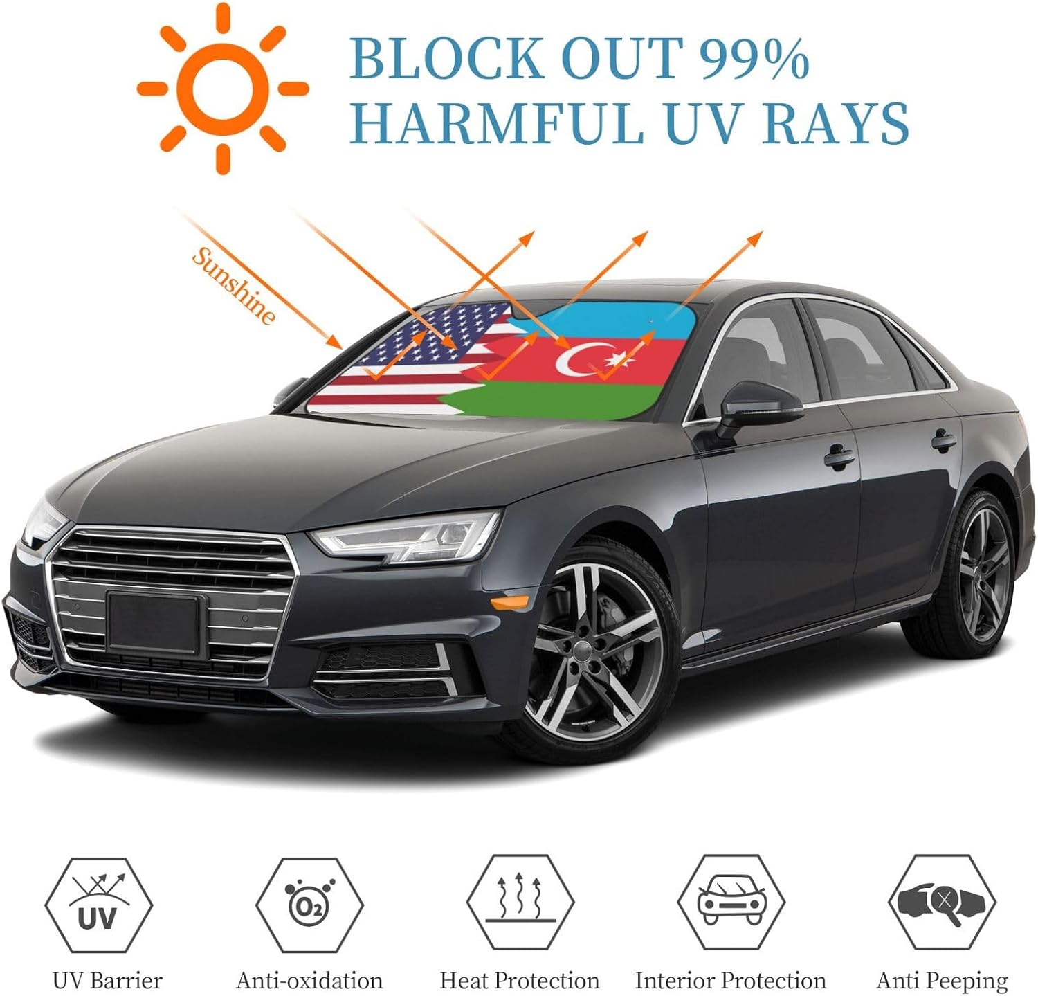 America Azerbaijan Friendship Flag Foldable Car Windshield Sunshade Blocks Heat and Sun Glare Uv Rays