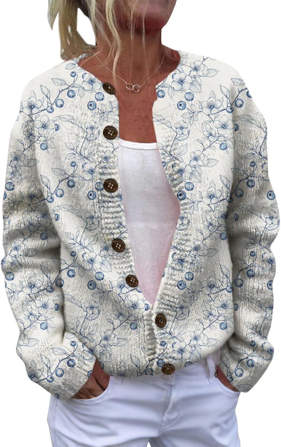 Womens Floral Graphic Print Cardigan Casual Long Sleeve Front Button Chunky Sweaters Fall Cropped Knit Blouse