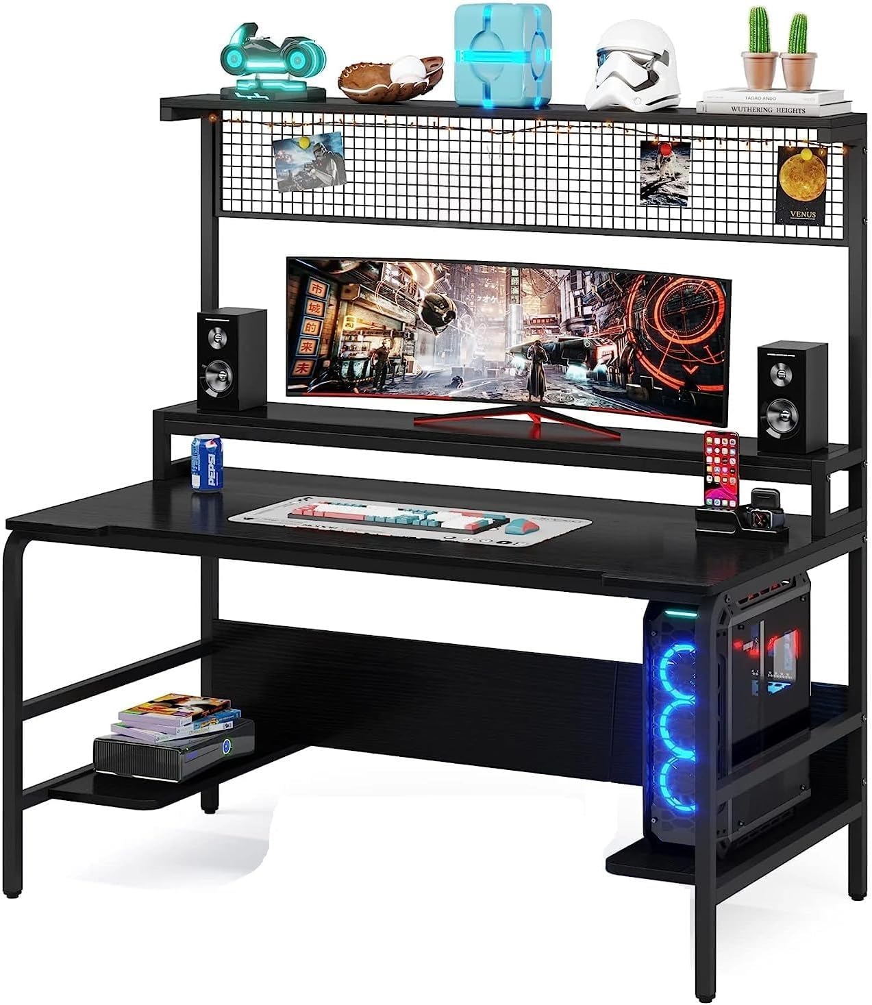 TEKAVO Gaming Table | with Monitor Stand & Upper Grill | Gaming Room Setup| (140Dx60Wx160H) / DIY - Engineered Wood, Powder Coated