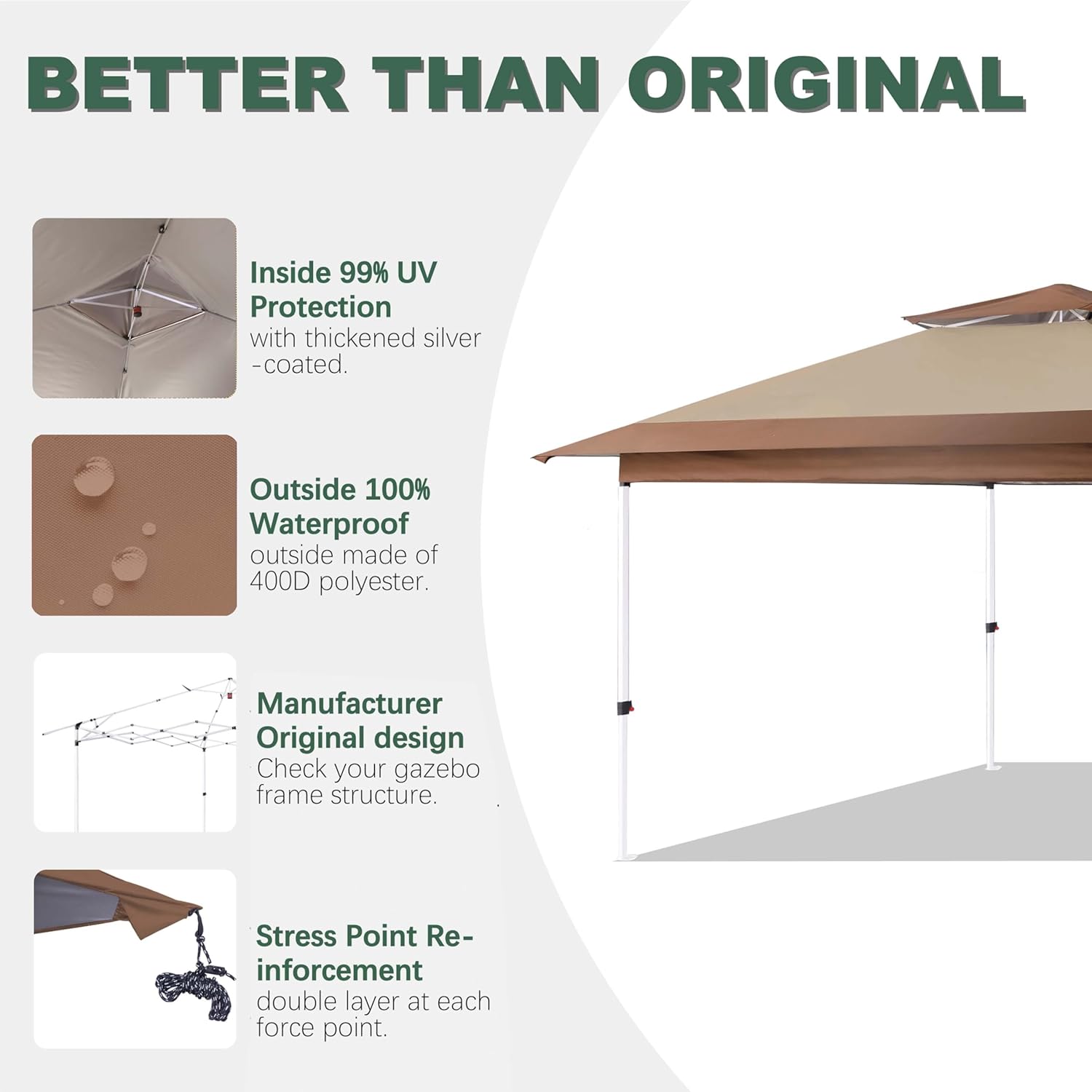 Canopy Replacement Top Compatible with OUTFINE 12'x12' Gazebo, Canopy Cover ONLY,(Khaki/Brown)