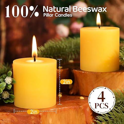 Miniatura 6 de Paquete de 4 velas de pilar de cera de abeja natural, velas de cera de abeja 100% pura de 2x2 pulgadas - 80 horas de combustión larga, velas de cera